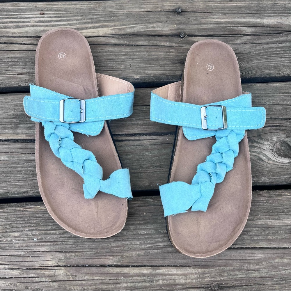 BRAIDED TEAL SLIP ON SANDALS WOMENS 10.5 THONG TOE WITH FLAT BUCKLE